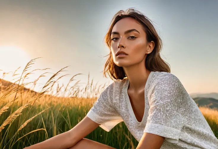 ((best quality)), ((masterpiece)), (detailed), half body shot, sitting behind the grass, summer fashion photo shot, dynamic pose, dynamic angle, sunsetting in the background, young italian woman, wearing summer Dior apparel. she is looking off at the sunse...