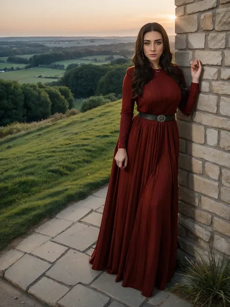 Gorgeous and sultry busty athletic (thin) brunette queen with sharp facial features wearing a modest updo, dark red medieval dress, long sleeves, intricate patterns, scrollwork, wide neck, crown, veil, long dress, modest dress, tight bodice, silver belt, (...