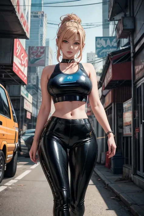 sexy tomboy high school girl, 18 years old, seductive anime girl, latex pants, blue sports tank top that shows midriff, perfect....