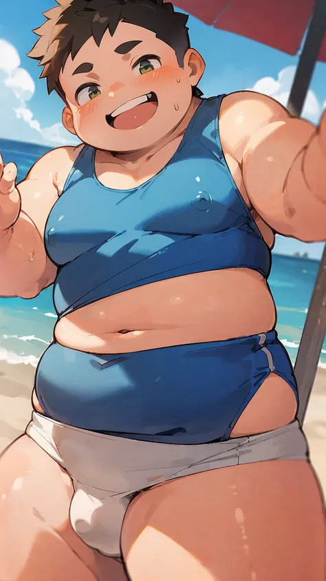 ((androgynos)), beautiful, (very short hair), (pudgy face), nipples, (belly button), ((boyish)), (cute), (chubby), belly, (sexly), (beefy), ((mischievous)), (handsome), muscular, (naughty smile), (Canines are visible), (swimsuits), (in beach), (Peeping), (...