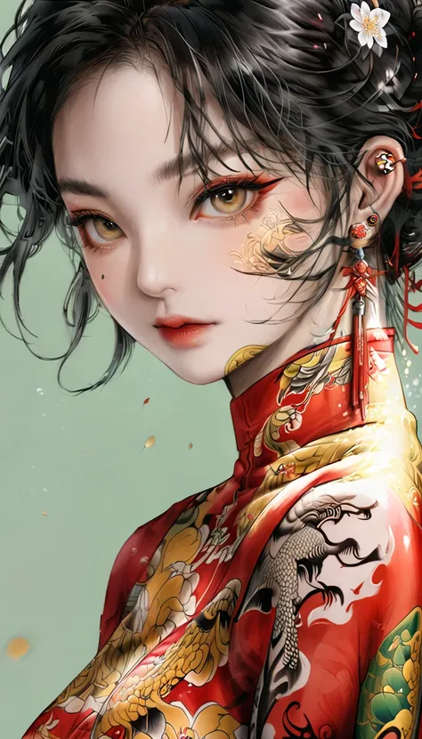 Chinese Beauty, Charming temperament, cheongsam, Clear face, beautiful eyes, Around osmanthus flowers, A masterpiece of perfect body structure proportions, Very detailed, Epic creation, Color Tattoo Art, Neo-Traditional Tattoo Art, SD tattoo design, Color ...