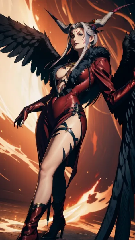 masterpiece, realistic, hyperrealistic, best quality, ultimecia, horns, red dress, plunging neckline, feather trim, black wings, facial marks, claws, full body, smirk, chaotic magic surrounding her