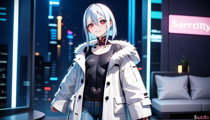 1girl, 15 years old, slim, small breasts, white hair, hairs between eyes, shoulder length hair, pale skin, bright red eye:1.3, white duffle coat and long-sleeve black sweater, open jacket, jeans, gold pocket watches hanging from the neck, BREAK kawaii, smi...