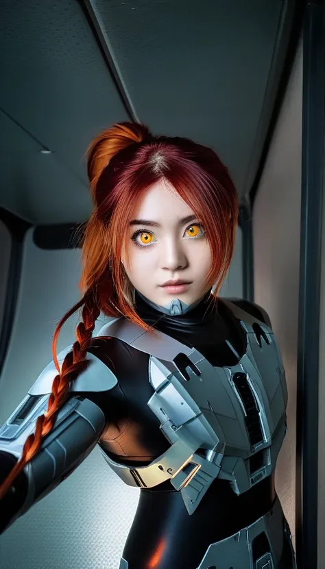 1 Girl、((glowing eyes, red eyes)), Medium Bust、solo、red Hair、Braid、Mobile Race Suit、Shoulder Armor、ceiling、Wide Shot、Looking Ahead、zipup suit 、Closed Mouth、Highest quality、medium quality、22 years old、Mobile Trace System、cockpit、Asian、CyborgCosplay
