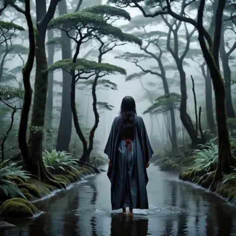 Create a highly realistic, photorealistic image of "Ame-onna," a famous Japanese yokai. This spirit is a woman who brings rain wherever she goes. She appears with long, wet hair and a dripping kimono, often looking sorrowful. The atmosphere should be melan...