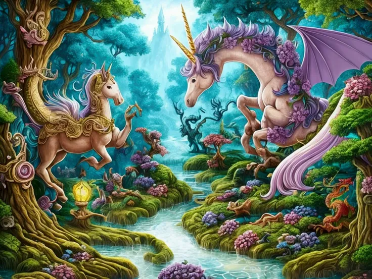 a fantasy forest where unicorns and dragons live