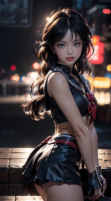 (Extreme detail CG Unity 8K wallpaper, masterpiece, highest quality), (exquisite lighting and shadow, highly dramatic picture, cinematic lens effect), (Sailor Moon: 1.1), charming smile, double tail, blue eyes, black hair, tight top, RED gloves, mini skirt...