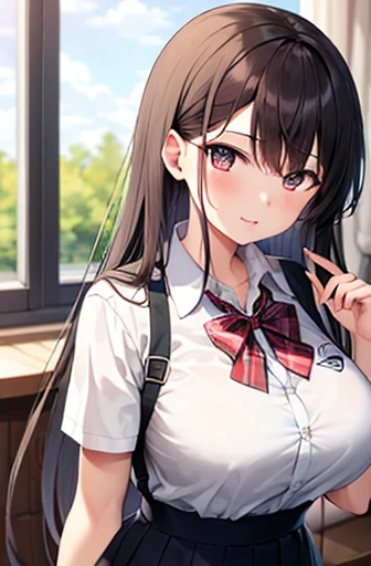 {masterpiece}, {highest quality},one girl,school_uniform,big breasts、long black hair