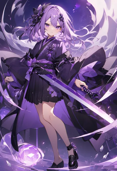 Keito。Purple Eyes。Light purple hair。Black shoes。Amethyst hair accessory。Purple Japanese sword。Purple kimono