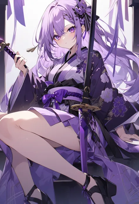 Keito。Purple Eyes。Light purple hair。Black shoes。Amethyst hair accessory。Purple Japanese sword。Purple kimono