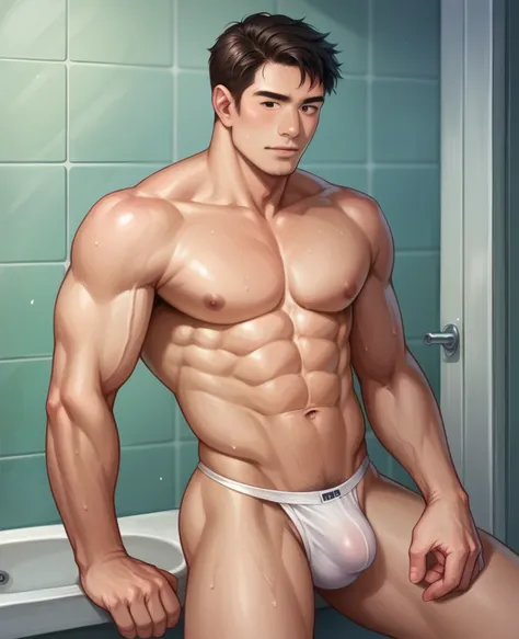 Photorealistic，language，Good looking white thong，Shirtless Asian abs rub wet muscle bulge，background in the bathroom, Male man