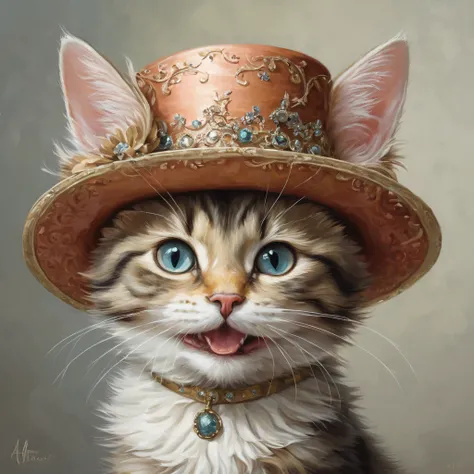 Alayna Lemmer style painting of a happy anthropomorphic kitten in a fancy hat  (Professional painting, Dynamic pose, Dynamic configuration, Dynamic Lighting, Realistic proportions, Very detailed, Intricate details, High resolution, Ray Tracing, Super detai...