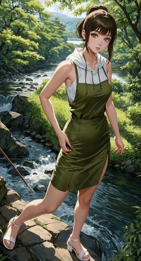 realistic anime illustration of pretty young woman standing near river, she has ponytail hair with full bangs and wearing white sleeveless hood, olive-green pencil mini skirt, white heel sandals), (1girl, solo,full body), (masterpiece, best quality, Japane...