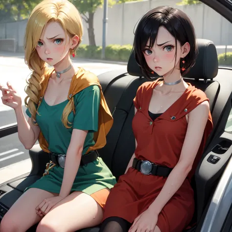 masterpiece, Highest quality, DQ Bianca, 1 person, Single Blade, Earrings, choker, Orange Cape, Green Dress, belt, Small breasts, In the car, sports car, Ferrari, Upper Body, hot, Sweating a lot, Wipe away sweat, looking at the camera, angry