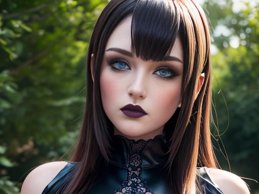 gothic, blue eyes, nsfw, large and heavy bust slender body, perfectly detailed face and with a very nice garden background,full ...