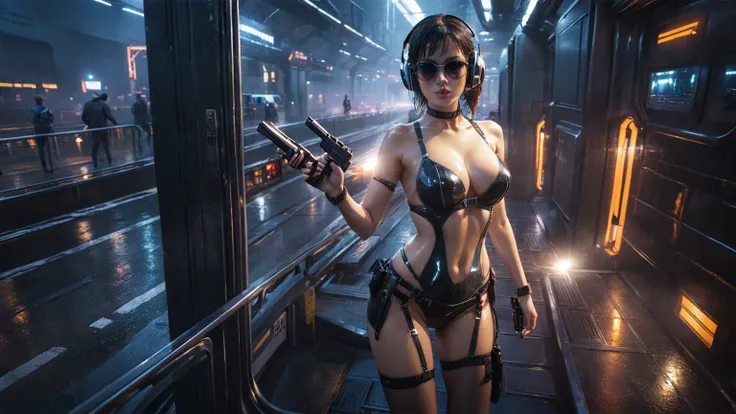 (((aerial view))), Blade Runner style futuristic railway platform, hi-tech train, neon lights, rainy night. (1girl, solo, alone), large-breast:1.2 slim body, cleavage:1.1, sexy lingerie with wet jacket, headphone, (black sunglasses), (((she raised a pistol...