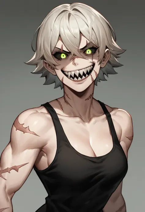 Anime zombie undead girl, slitched face, scars an face, black sclera, shark teeth, glowing eyes, smug face, vile, pale green-ish decayed skin, black tank top, eletric colar, street smart