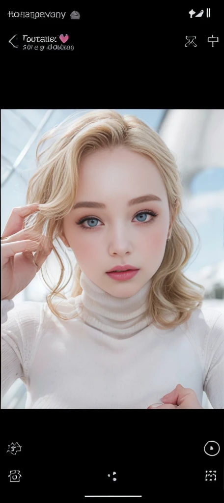 ((best quality, 8 thousand, masterpiece:1.4)), (20 year old woman), ((very small face:1.3)),  Highly detailed face and skin textures, detailed eyes, (Italian woman), (blonde wavy very long hair:1.3), (Turtleneck long sleeve neck polar dress:1.4), beautiful...