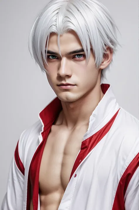 Anime boy white hair red eyes white background 