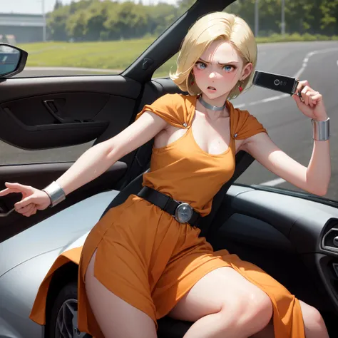 masterpiece, Highest quality, DQ Bianca, 1 person, Single Blade, Earrings, choker, Orange Cape, Green Dress, belt, Small breasts, Driving a car, sports car, Ferrari, Upper Body, hot, Sweating a lot, Wipe away sweat, looking at the camera, angry