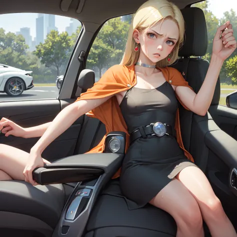 masterpiece, Highest quality, DQ Bianca, 1 person, Single Blade, Earrings, choker, Orange Cape, Green Dress, belt, Small breasts, Driving a car, sports car, Ferrari, Upper Body, hot, Sweating a lot, Wipe away sweat, looking at the camera, angry