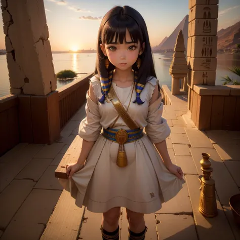 かわいいAncient Egyptの15歳の女の子、Ancient Egypt、View of the Nile、A colorful view of the whole、whole body、Low - Angle、Standing posture、Reeds are growing、Ancient Egyptの船、Ancient Egyptの風景、Sunset、