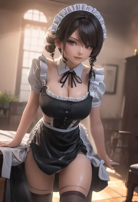 a perverted maid, seductive maid outfit, no bra, thong, perfect pose, extremely detailed, high resolution, 8k, photorealistic, masterpiece, vivid colors, intricate details, complex lighting, moody atmosphere, sensual, erotic, provocative, adult content