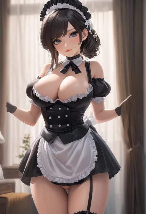 a perverted maid, seductive maid outfit, no bra, thong, perfect pose, extremely detailed, high resolution, 8k, photorealistic, masterpiece, vivid colors, intricate details, complex lighting, moody atmosphere, sensual, erotic, provocative, adult content