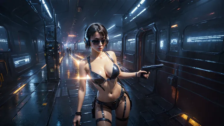 (((aerial view))), Blade Runner style futuristic railway platform, hi-tech train, neon lights, rainy night. (1girl, solo, alone), large-breast:1.2 slim body, cleavage:1.1, sexy lingerie with wet jacket, headphone, (black sunglasses), (((she raised a pistol...