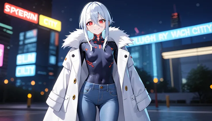 1girl, 15 years old, slim, small breasts, white hair, hairs between eyes, shoulder length hair, pale skin, (bright red eye:1.3), white duffle coat and long-sleeve black sweater, open jacket, jeans, gold pocket watches hanging from the neck, BREAK kawaii, s...