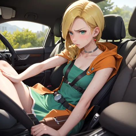 masterpiece, Highest quality, DQ Bianca, 1 person, Single Blade, Earrings, choker, Orange Cape, Green Dress, belt, Small breasts, 1 personで, Driving a car, Upper Body, hot, Sweating a lot, Wipe away sweat, looking at the camera, angry