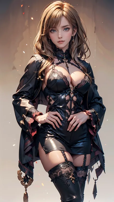 The witch again, 、24-year-old woman、Sexy proportions、erotic、Lace-embellished bondage suit、Chest、High leg、Knee-high boots、Place hands on hips、Gray gradient background、Blonde to red gradation hairstyle ((gradient hair))、Side-swept chignon((good site))