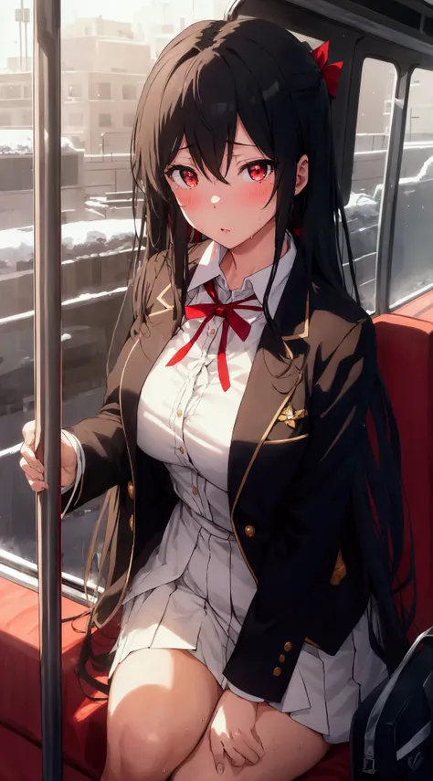 masterpiece, Highest quality, Ultra-high resolution, (beautiful girl: 1.3),  Black Hair, Straight hair、long hair,yukino yukinoshita,blazer,busの乗り方が分からない雪ノ下雪乃、Sharp eyes、Smaller breasts、(Red ribbon in hair)、bus停、bus、Sweat