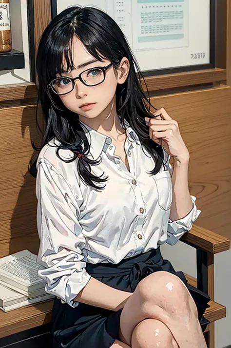 there is a woman sitting on the floor with her legs crossed..., wearing glasses, japanese model, wearing glasses on, wearing squ...