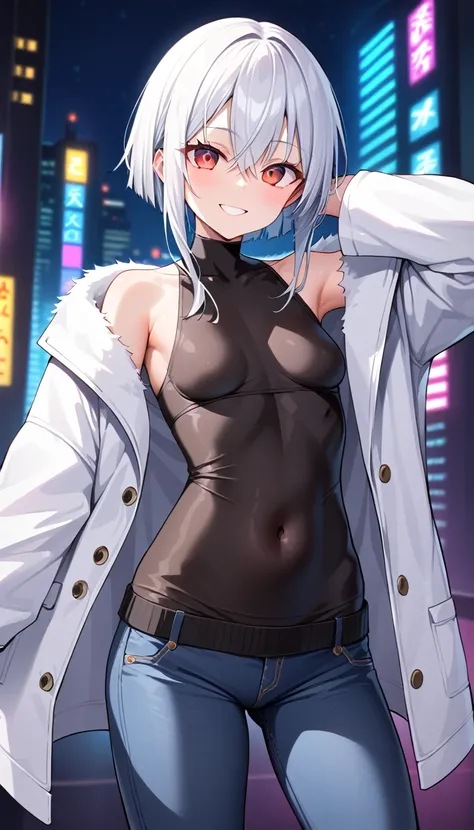 1girl, 15 years old, slim, small breasts, white hair, hairs between eyes, shoulder length hair, pale skin, (bright red eye:1.3), white duffle coat and long-sleeve black sweater, open jacket, jeans, gold pocket watches hanging from the neck, BREAK kawaii, s...