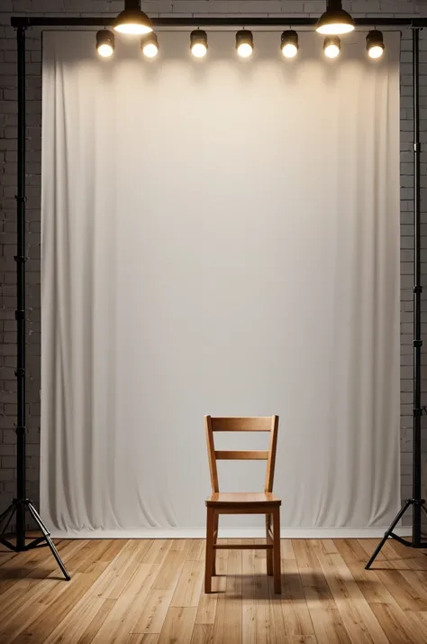 White Photography backdrop with a wooden chair and speed lights facing backdrop 