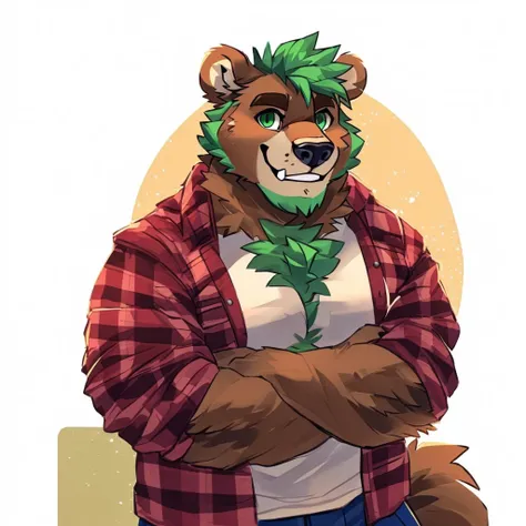 a sexy, caramel brown colored fur and hyper muscular, cute face, grizzly bear, green hair, green eyes, closed smile, bara body, ...