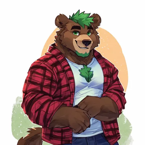 a sexy, caramel brown colored fur and hyper muscular, cute face, grizzly bear, green hair, green eyes, closed smile, bara body, ...