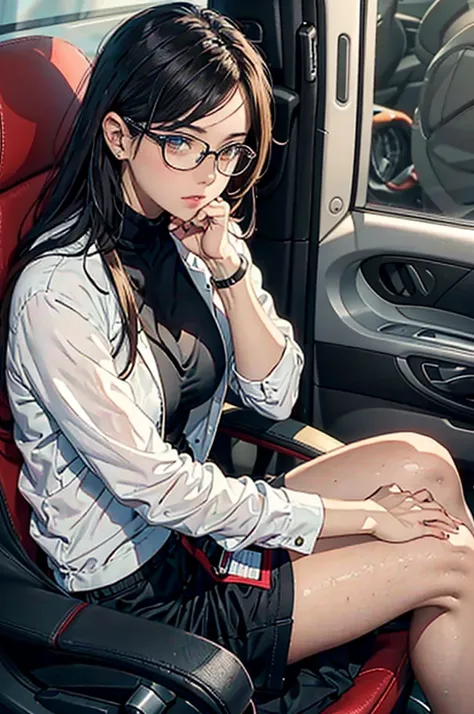 there is a woman sitting on the floor with her legs crossed..., wearing glasses, wearing square glasses, young sensual gravure i...