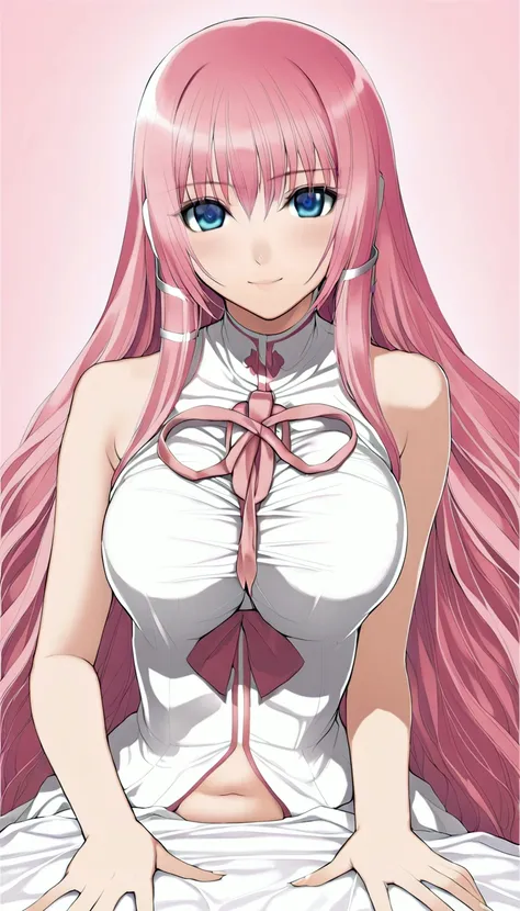 masterpiece ,Megurine Luka,E cup breasts,Pink long hair,blue eyes,uniform,smile,On the bed,