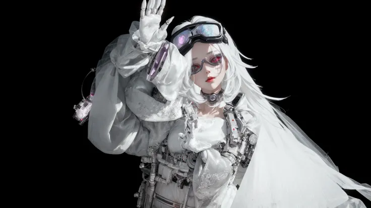 woman wearing goggles waving, white fashion photos, rococo cyberpunk, double ponytail white_gloves, inspired by cold plum, 3d re...