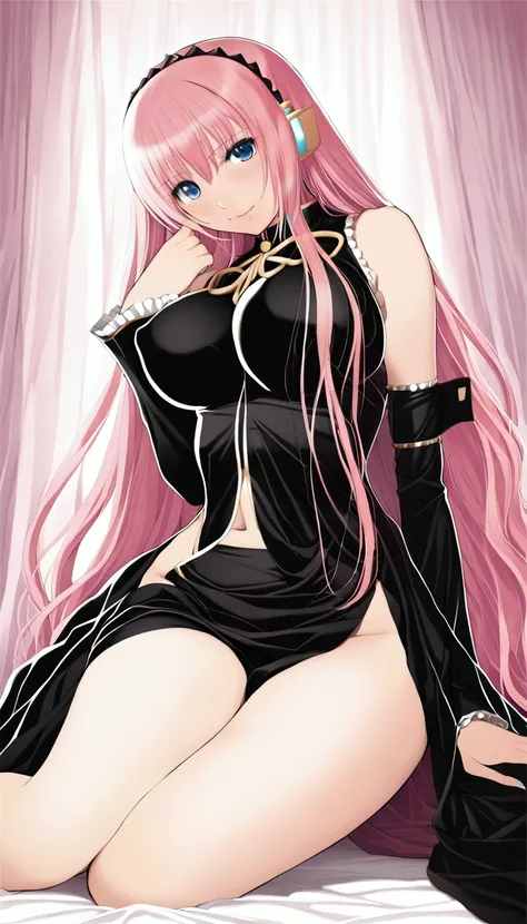 masterpiece,1girl,megurine luka,e cup breasts,pink long hair,blue eyes,black uniform,smile,bedroom,