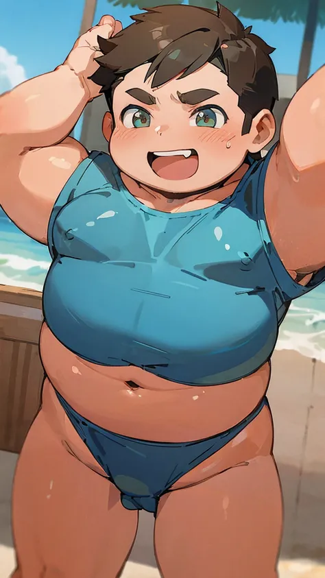 ((androgynous)), beautiful, (very short hair), (pudgy face), nipples, (belly button), ((boyish)), (cute), (chubby), belly, (sexly), (thick), (beefy), ((mischievous)), (handsome), muscular, (naughty smile), (Canines are visible), (swimsuits), (in beach), (P...