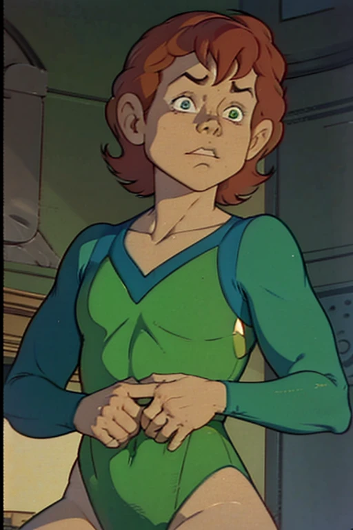 a redhead cartoon character dressed in a green leotard, very muscular, a young male wizard, 1980s cartoon, animated episode still, Presto (((mad)))