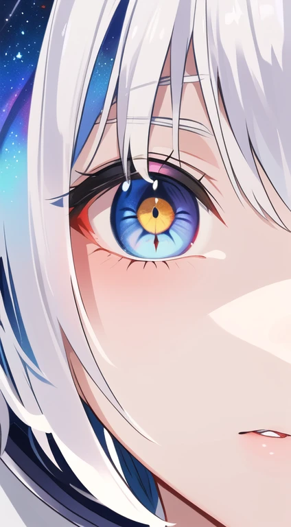 (A close-up of a masterpiece:1.5)0.9], (Space and astronauts:1.2) (Disheveled silver hair:1.1) (Heterochromia yellow eyes and blue eyes:1.2) (Space Helmet:1.0) (Colored stars in my eyes:1.0) (Shining Light:1.1) (Big Lips:0.9)