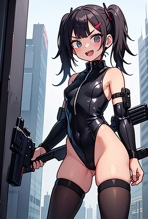 Ten_years_old girl, high cut leotard, freckled skin, body freckles, fighting, angry, gun, fullbody, standing, high heels, pigtails hair, smile showing teeth, open mouth, tongue out, hair clip, Cyberpunk, tight stockings,