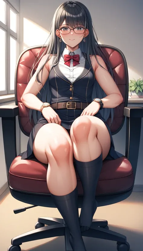 ((Highest quality)), ((masterpiece)), (detailed)　Cowboy Shot,　Glasses　黒髪Long Hair　{{Small breasts}}｛{{slitの入ったロングスカート}}｝　Contemporary mature adult woman sitting in chair　officeカジュアル｛{{スレンダーなofficeレディ}｝Exposing shoulders　深いslitの入った膝下スカート　Long Hair　｛{{White ...