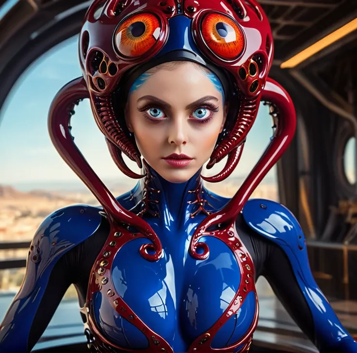 female alien, beautiful face, seductive, red eyes, full body image, a sexy, alien without humans, alien, mechanical fusion, mult...