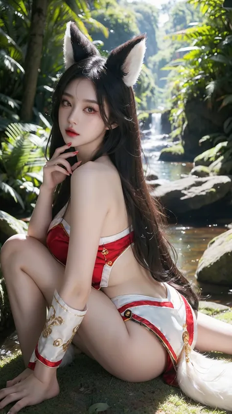 masterpiece, best quality, 8K  UHD, Very high ultra-high resolution, Without a pattern, extremely high details, ari_(League of Legends), cosplay,white tail, black long hair, yellow eyes, ((realistic photo _ raw photo, whole body)), RAW photos, red lips, ma...