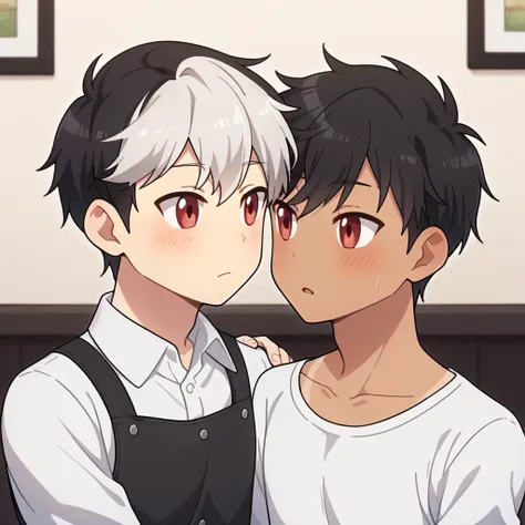 2 young men, focus man , Yaoi, pair, (human , short hair, black hair, light black eyes , tan skin), (human, white hair , red eyes ,bright white skin ) , The best aesthetics , best quality, Amazing quality, The best aesthetics ,The backdrop is the living ro...